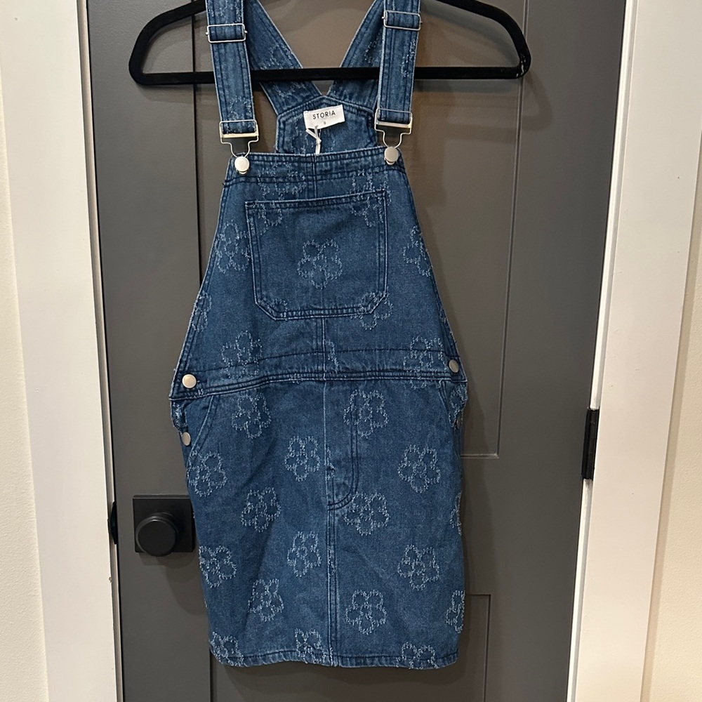 Storia Denim Blue Overalls with Floral Design